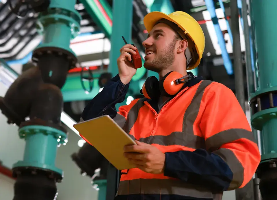 Two commercial plumbers inspecting equipment